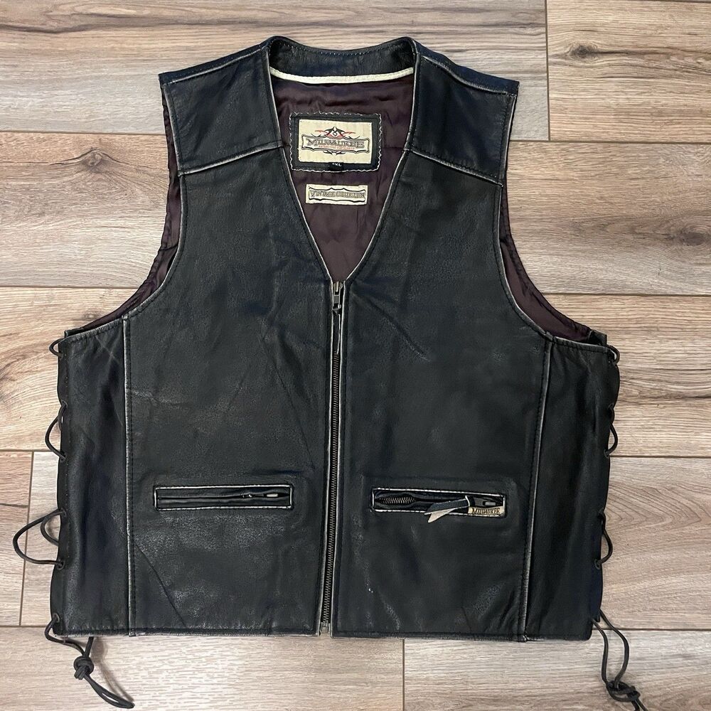 Milwaukee Motorcycle Black Biker Vest Men's 2XL Full Zip Vintage Collection